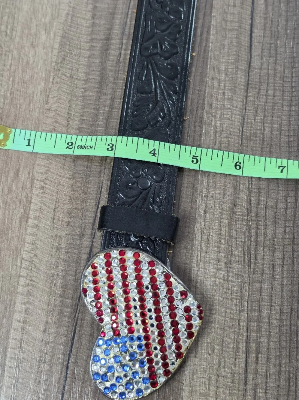 Vintage Caché Black Tooled Leather Heart American Flag Rhinestone Belt Western
